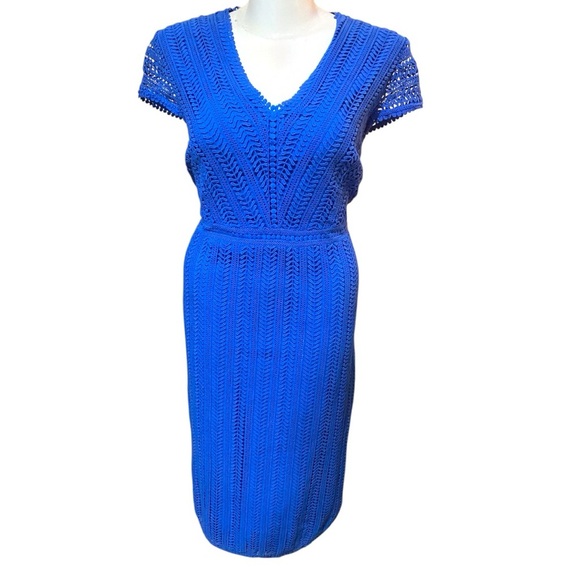 Bodin Nancy Lace Blue Sheath Midi Dress with V-Neck and Short Sleeves US 20/22 L - Picture 3 of 10